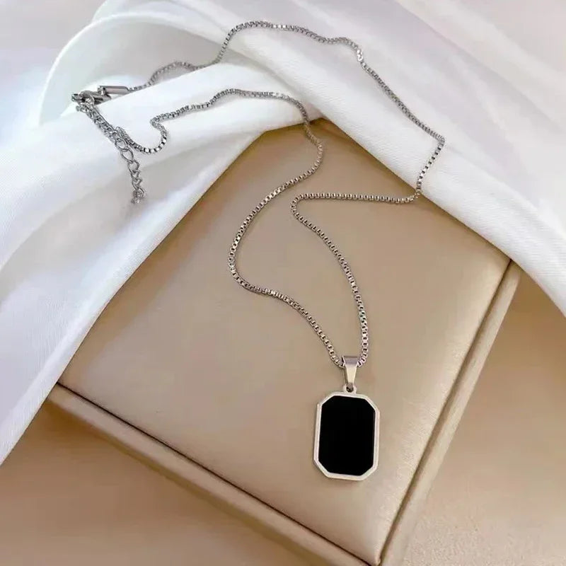 Stylish Gold Color Square Necklace Black Enamel Pendant