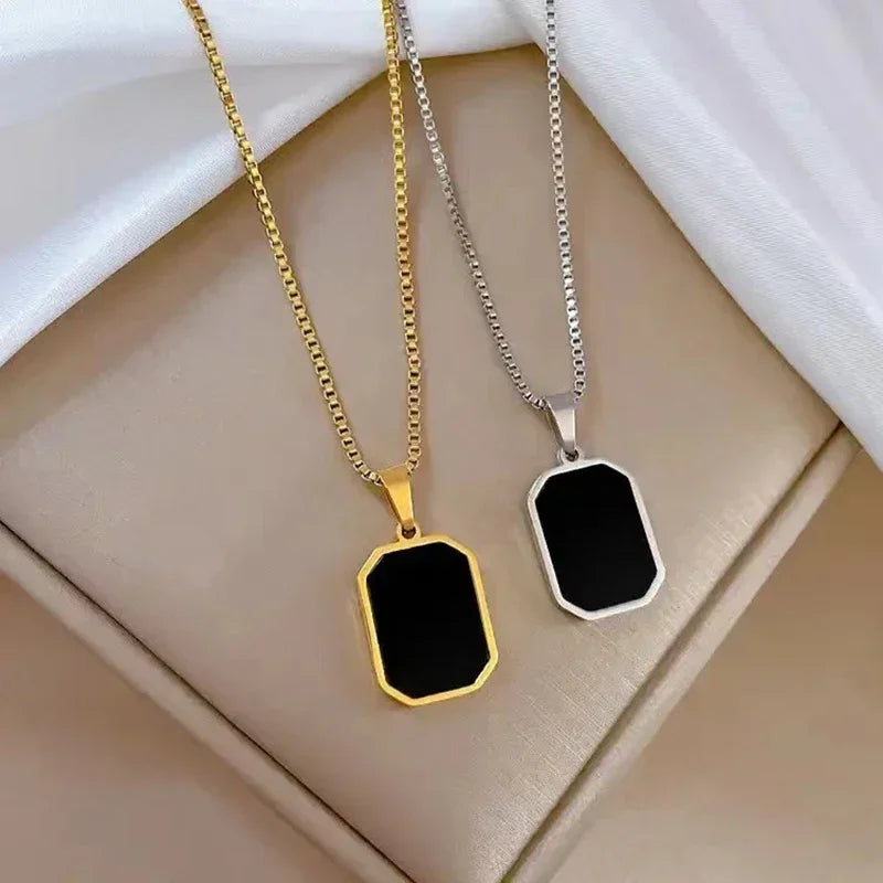 Stylish Gold Color Square Necklace Black Enamel Pendant