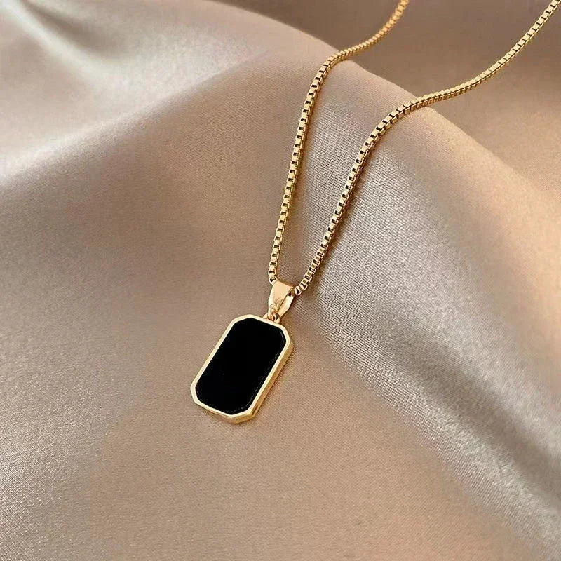 Stylish Gold Color Square Necklace Black Enamel Pendant