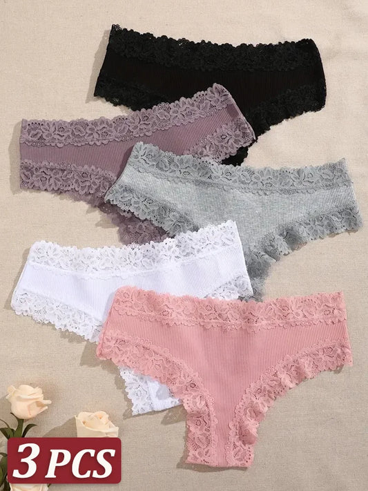 3Pc Cotton Lace Briefs Set