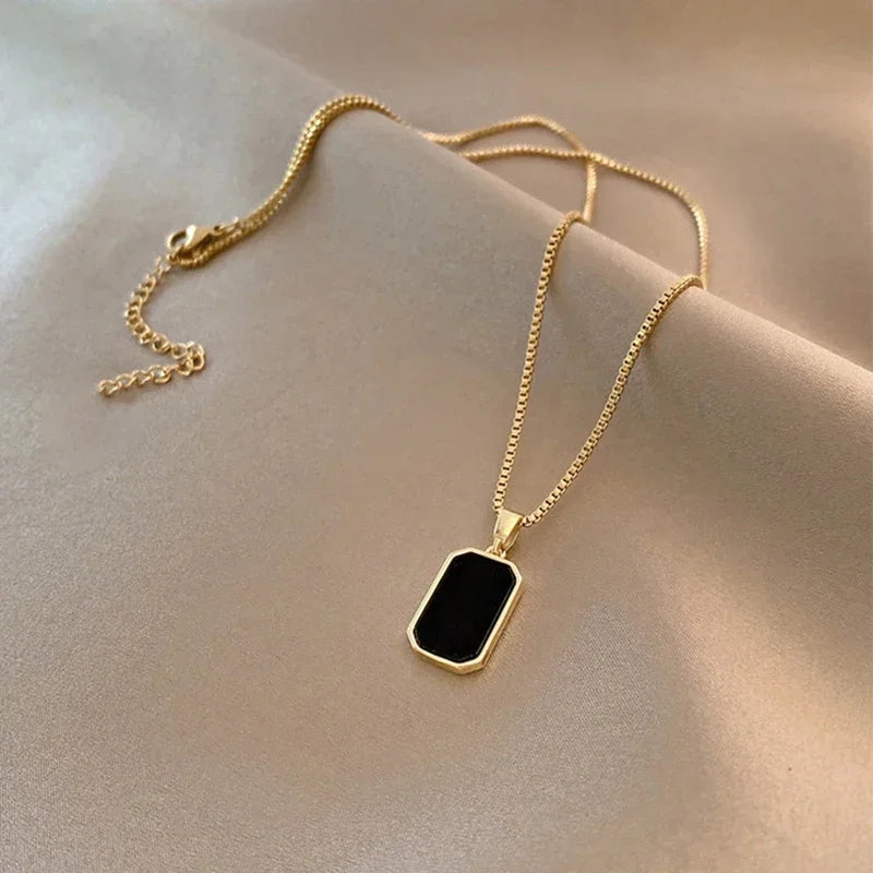 Stylish Gold Color Square Necklace Black Enamel Pendant