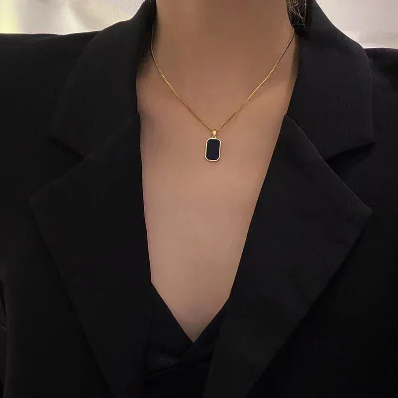 Stylish Gold Color Square Necklace Black Enamel Pendant