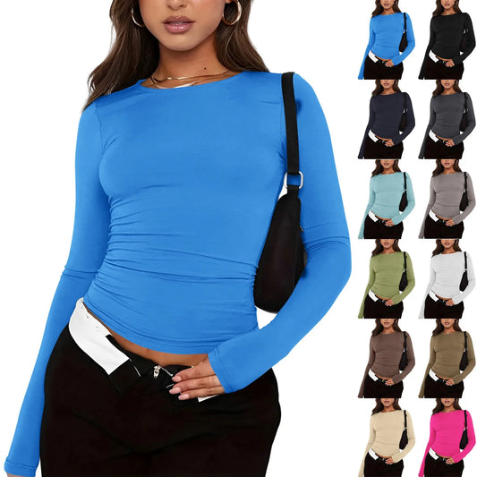 Solid Color Round Neck Long Sleeve Women's Top