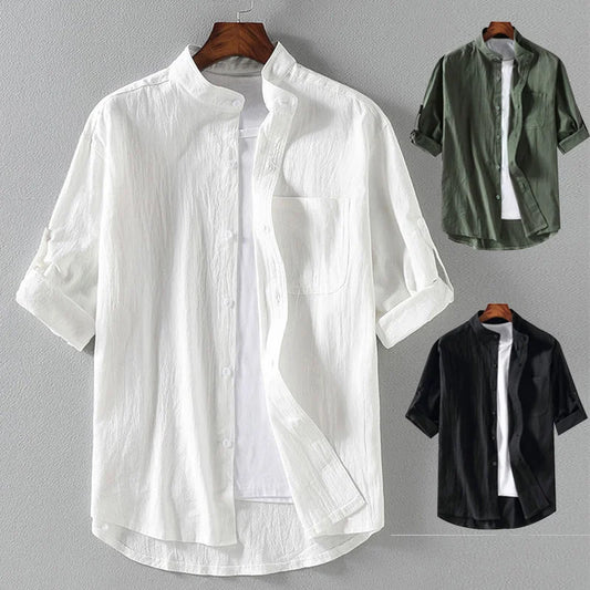 Men's Stand Collar Mid-Sleeved Shirt