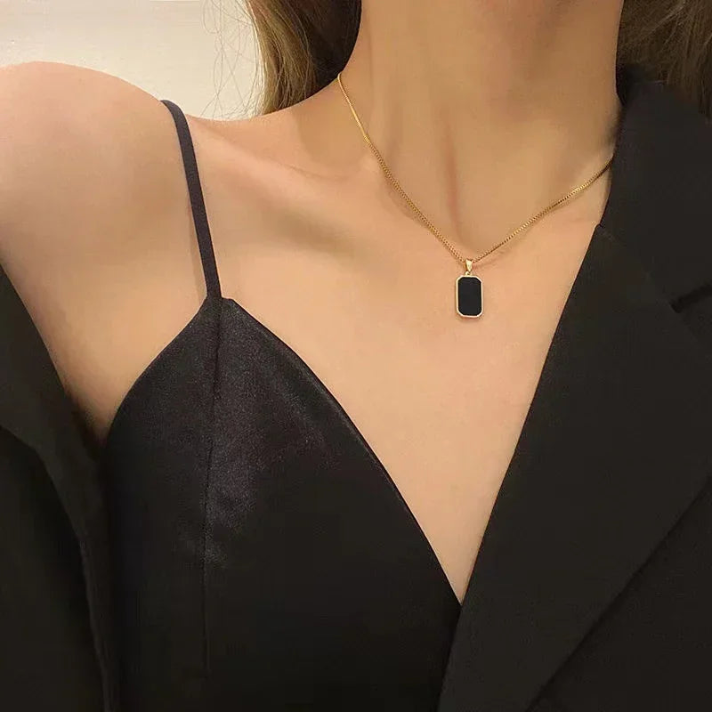 Stylish Gold Color Square Necklace Black Enamel Pendant